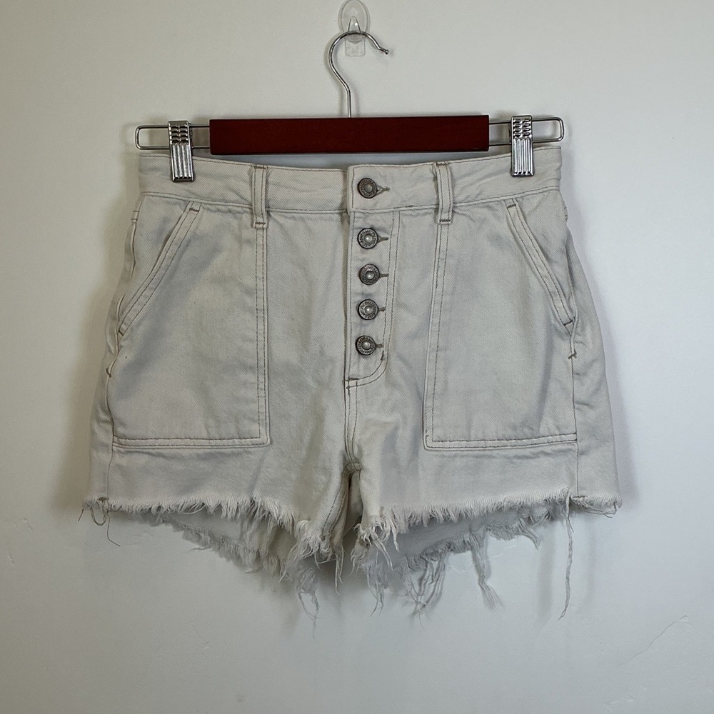Free People We The Free Cinch Back Denim Shorts Button Fly 25 Utility Raw Hem